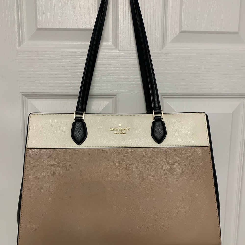 kate spade Cream and Black Tote with Structured Shape and Gold Hardware